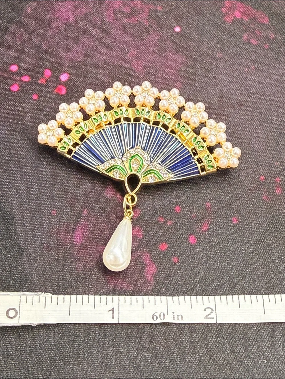 Gold-Tone Blue & Green Fan Brooch with Pearl Drop